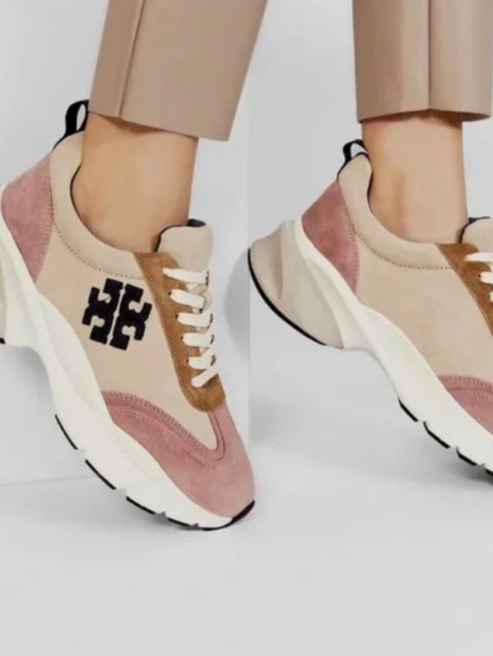Tory Burch Good Luck Trainers Cream Navy Pink Moon Sneakers Size 12